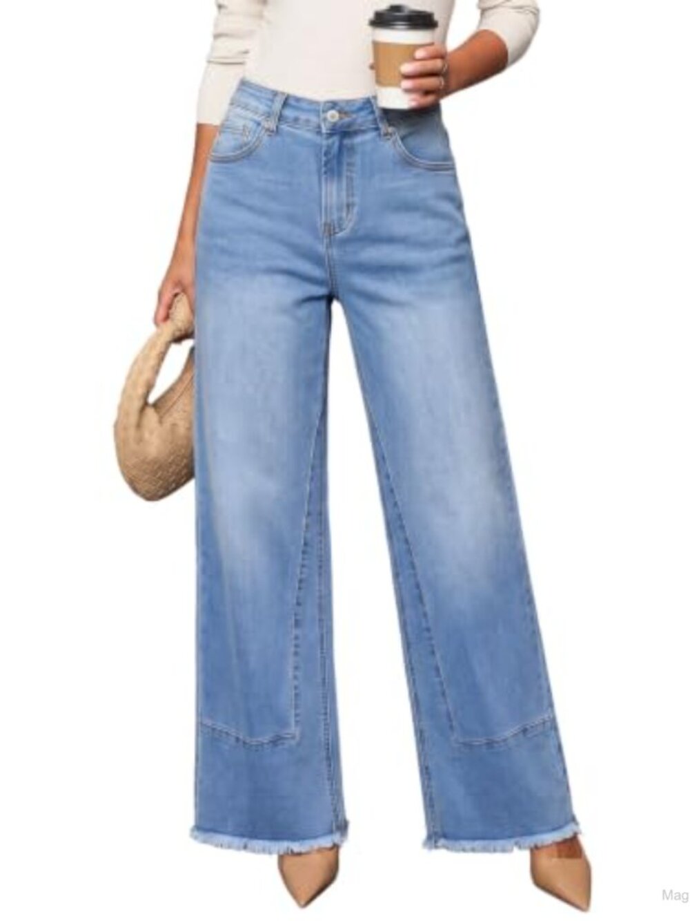 Womens High Waisted Wide Leg Stretchy Jeans Raw Hem Denim Pants